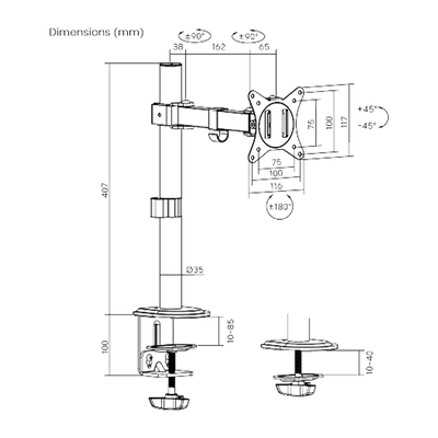 Brazo soporte ergonómico para 1 monitor tipo VESA 17-32" FIJO Y CLIP CABLES, Color Negro, Marca XUE® X66-C11
