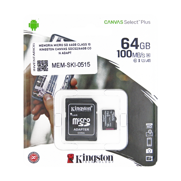 MEMORIA MICRO SD 64GB CLASS 10 Kingston SDCS/64GB CON ADAPT - PCS FOR ALL  SAS