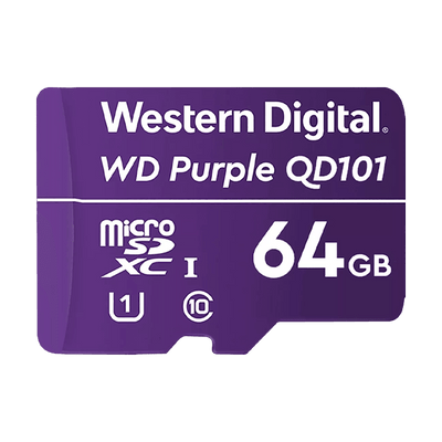 Memoria micro SD 64GB C10 U1 V10 R-W 100/60 Mbps WD Purple QD101 SURVIELLANCE WDD064G1P0C/64GB para cámaras IP y video vigilancia