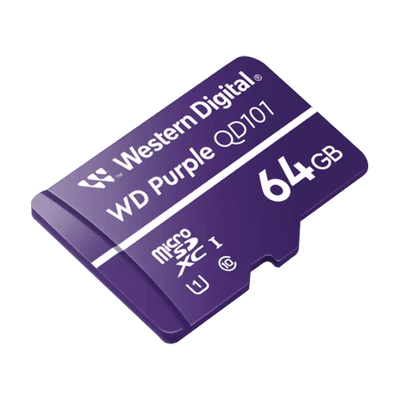 Memoria micro SD 64GB C10 U1 V10 R-W 100/60 Mbps WD Purple QD101 SURVIELLANCE WDD064G1P0C/64GB para cámaras IP y video vigilancia