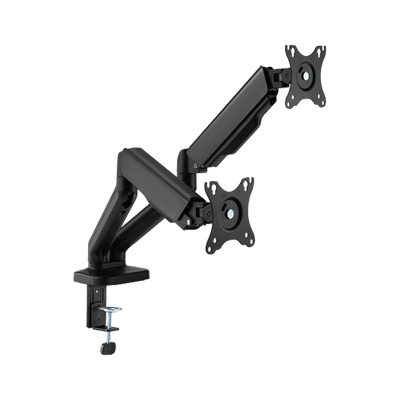 Brazo soporte ergonómico para 2 (dos) monitores tipo VESA 17-32" con resorte  y administración de cables, color negro, marca XUE® Modelo C024E