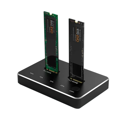 Duplicador Clonador SSD NVME M.2 M-KEY, DOBLE BAHÍA, 1-FAN, USB-C 20GBPS