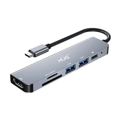 Docking Station XUE® 6-1 Tipo-C 3.1 Gen1 a 1 * HDMI 4K + PD 100W + 1*USB3.0 + 1*USB2.0 + SD/TF, Color Gris, Marca XUE®