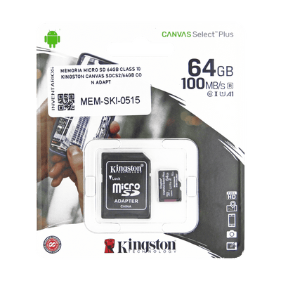 MEMORIA MICRO SD 64GB CLASS 10 Kingston SDCS/64GB CON ADAPT - PCS FOR ALL SAS