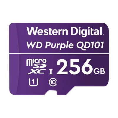 Memoria micro SD 256GB C10 U1 V10 R-W 100/60 Mbps WD Purple QD101 SURVIELLANCE WDD256G1P0C/256GB para cámaras IP y video vigilancia