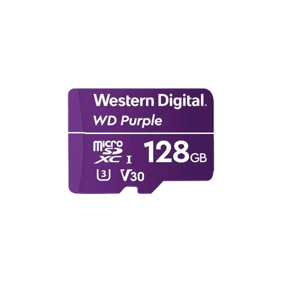 Memoria micro SD 128GB C10 U1 V10 R-W 100/60 Mbps WD Purple QD101  WDD128G1P0C para cámaras IP y video vigilancia
